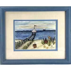 Coastal Beach Pier Print by E. Smithson Framed Nautical Folk Art Cottage Decor